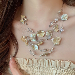 Detailed macro view of multi-layer layered necklace featuring iridescent shell and crystal beads