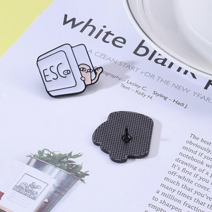 Close-up detail of cartoon ESC key enamel pin showing front design and back metal texture