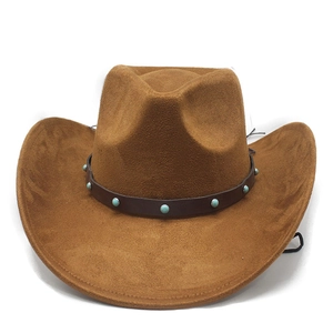 Detail of brown faux suede cowboy hat with turquoise beaded leather band decoration