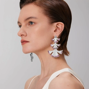 Elegant luxury triple-layered fan-shaped dangle earrings with white and pink crystal pavé