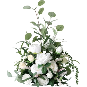 Wedding centerpiece with white roses, peonies and eucalyptus leaves on white background