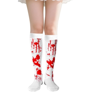 Detail of white Halloween socks with realistic red blood splatter patterns for horror cosplay