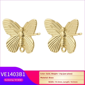Macro detail of 18K gold plated brass butterfly stud earring with dimensions and weight