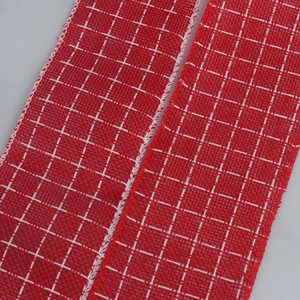Christmas red and white grid faux linen ribbon for holiday gift wrapping and DIY decor