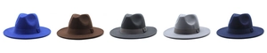 Classic wide-brim fedora hats in five diverse colors with matching ribbon bands and buckles