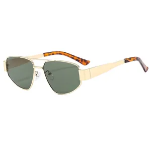Vintage gold metal double bridge sunglasses with dark green polygon lenses