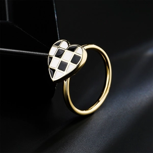 18K gold plated heart ring with black and white checkerboard enamel pattern