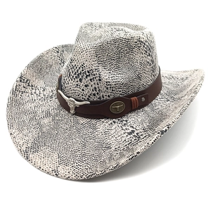 Western cowboy hat with snake skin pattern, wide brim and metal bull head accessory