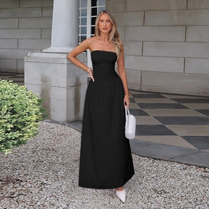 Elegant strapless black A-line maxi dress with slim waist and flowing long hemline