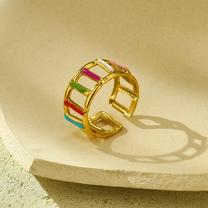 18K gold plated stainless steel open ring featuring colorful enamel geometric frames