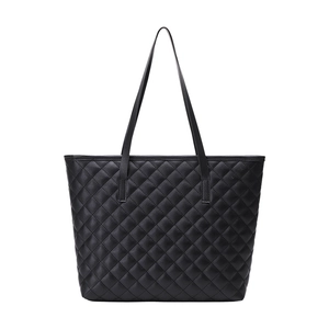 Large black quilted tote bag with diamond lattice pattern and long shoulder straps