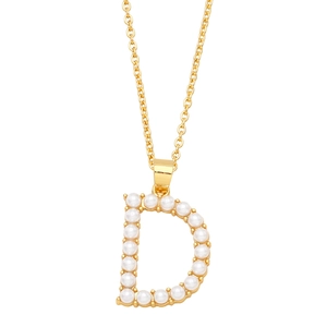 Detailed close-up of golden letter D pendant necklace featuring faux pearl embellishments