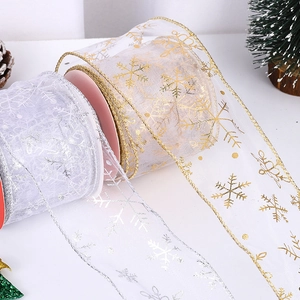 Christmas Ribbon Organza Mesh Snowflake Foil Glitter Gift Wrapping Tree Decoration Festive Ornament Home Party Decor Accessory