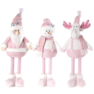 Pink and white Christmas plush trio with Santa, Snowman and Reindeer holiday decor