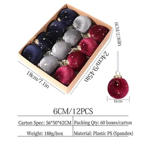 Set of 12 velvet Christmas balls in navy, burgundy and silver with gold stars