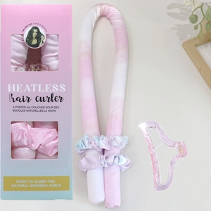 Pink gradient heatless hair curler set with satin scrunchies and clear claw clip
