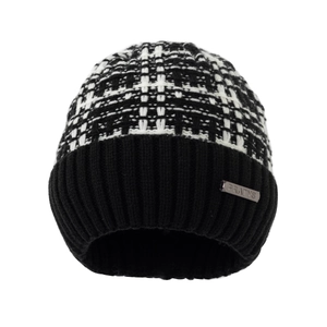 Winter knitted beanie hat with black and white plaid jacquard pattern and metal logo
