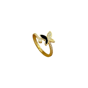 Adjustable golden butterfly ring with black enamel and white zircons on white background