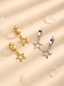 Minimalist stainless steel hollow star hoop earrings in polished gold and silver finishes