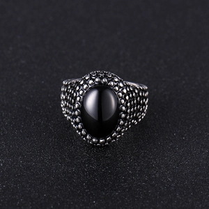 Vintage Men Ring Stainless Steel With Oval Black Gemstone Retro Carved Beaded Texture Punk Biker Jewelry