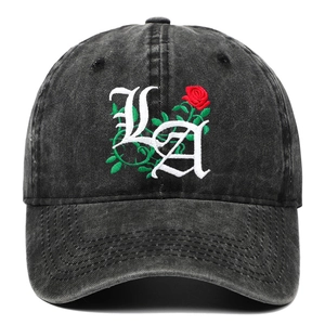 Gothic LA logo baseball cap with red rose embroidery and vintage washed grey finish