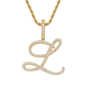 Macro view of 18K gold plated rope chain with iced out cursive letter L pendant