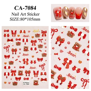 Detailed 5D relievo nail art sticker showing cute red bear and bowknot patterns