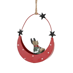 Christmas moon iron hanging ornament with reindeer figurine and black stars for tree decor