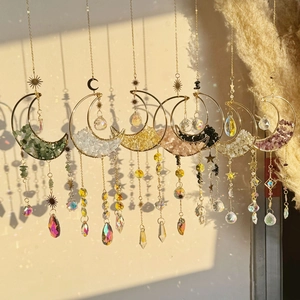 Crystal Suncatcher Moon Star Hanging Ornament Natural Stone Gravel Prism Rainbow Maker Boho Window Garden Decoration