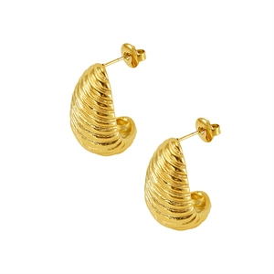 Golden spiral textured stainless steel semi-circle earrings for women on white background