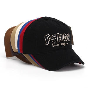 Classic baseball caps in six assorted colors with FSHON embroidered lettering on white background