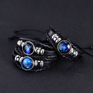 Bracelet tressé en cuir des douze constellations avec signes du zodiaque en verre brillant