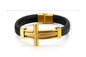 Detail view of woven black leather bracelet with a golden stainless steel cross charm