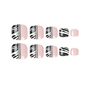 Press-on toe nails with pink finish, black and white zebra stripes and silver glitter lines