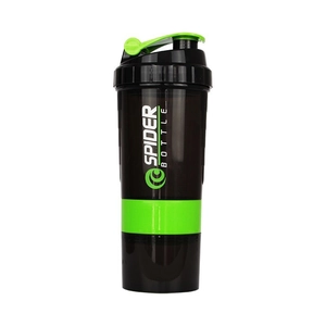 Shaker à protéines grande capacité noir et vert avec logo Spider Bottle sport