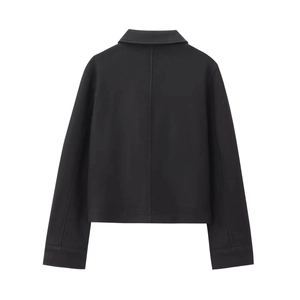 Back view of a black short cropped jacket featuring soft wool texture and minimalist design