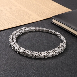 Silver stainless steel Byzantine chain necklace for men with square sandblasted links