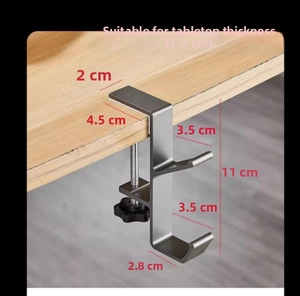 Macro detail of gunmetal desk hook showing dimensions for 1 to 5cm table thickness