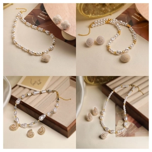 French vintage pearl jewelry set featuring baroque pearl necklaces and golden stud earrings