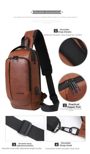 Detailed view of brown sling bag featuring a USB charging port and breathable mesh back