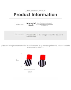 Detail specifications of geometric resin earrings with silver needles and red striped design