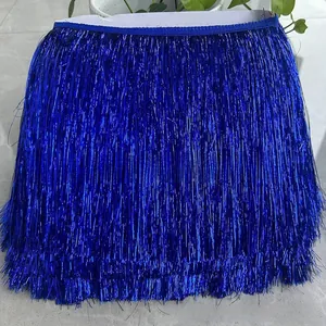 Macro view of shiny blue metallic fringe trim for costume accessories and festive decor