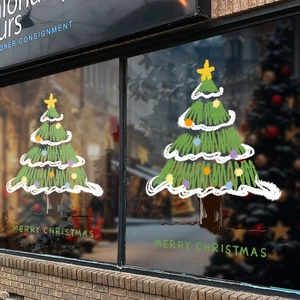 Christmas Tree Window Sticker Static Cling PVC Reusable Glass Decal For Holiday Home Store Decor Hand Drawn Green