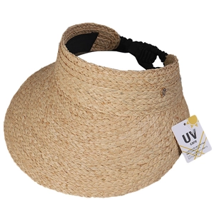 Breathable raffia straw sun visor hat with UV care label and black elastic strap