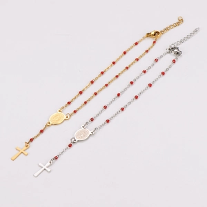 Bohemian 304 stainless steel rosary bracelet with red beads and cross charm
