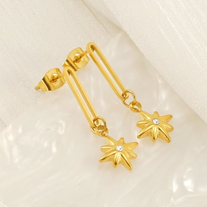 Elegant 18k gold plated stainless steel star dangle earrings on a textured backdrop