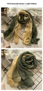 Macro shot of vertical pleated silk scarf in gradient avocado green and pale yellow