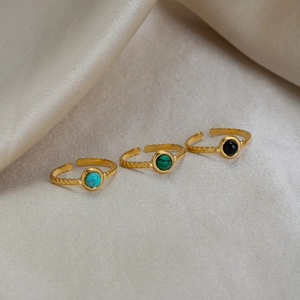 Set de bagues rétro en acier inoxydable plaqué or 18K avec turquoise et malachite