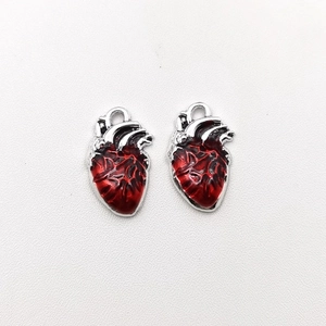 Detail view of two anatomical heart pendants in red enamel and silver zinc alloy metal