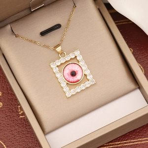 18K vergoldete Kupferkette mit quadratischem rosa Augen-Anhänger und Zirkonia-Inlay
